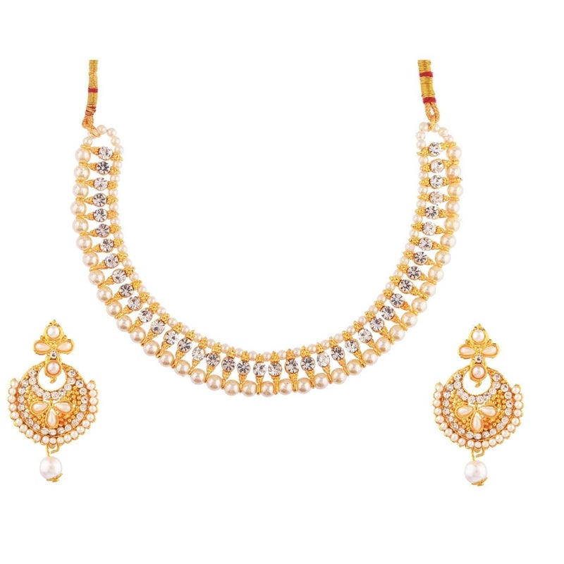 Efulgenz Indian Pearl Necklaces for Women Beaded Necklace Faux Pearl Crystal CZ Cubic Zirconia Choker Necklace Earrings Jewelry Set for Women Bollywood Wedding Jewellery - Image 1